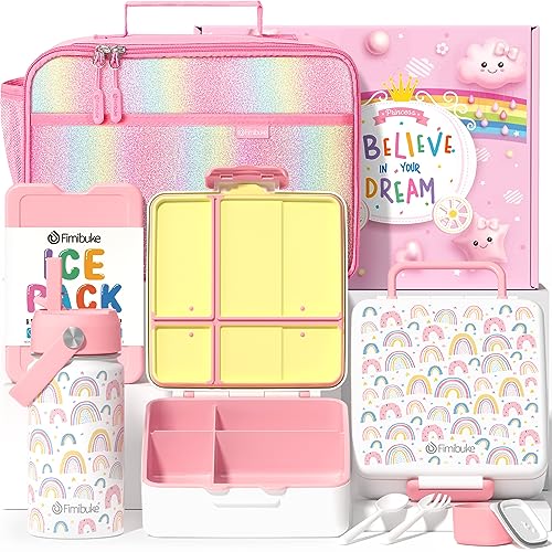 Fimibuke Kids Bento Lunch Box with 4 Compartments, Insulated lunch Bag, Stainless Steel Insulated Water Bottle, Ice Pack & Utensils Set, Birthday Gifts for Ages 3-12 Back to School Toddler Girls Boys