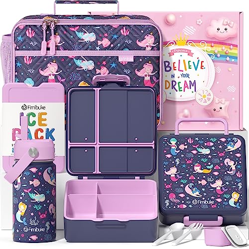 Fimibuke Kids Bento Lunch Box with 4 Compartments, Insulated lunch Bag, Stainless Steel Insulated Water Bottle, Ice Pack & Utensils Set, Birthday Gifts for Ages 3-12 Back to School Toddler Girls Boys