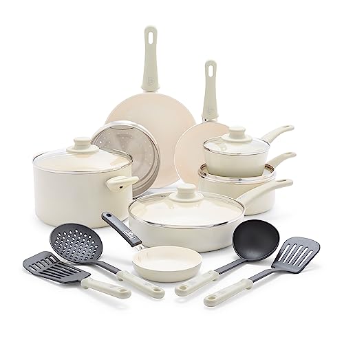 GreenLife Soft Grip 16 Piece Cookware Set, Non-Toxic PFAS-Free Ceramic Nonstick, Frying, Sauce, Saute, Utensils, Glass Lids, Stay-Cool Handles, Wobble Free, Dishwasher & Oven Safe, Cream