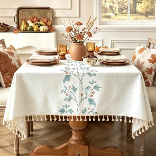 Laolitou Cotton Linen Waterproof Tablecloth for Dining Rustic Farmhouse Kitchen Rectangle Table Cloth Coffee Table Cover, Beige, Green Coffee Flower, 55x120 Inch