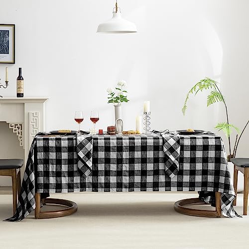 EVERLY 100% Yarn-Dyed Linen Rectangle Tablecloths 60x84Inches for Dining,Buffet Parties,Picnic,Events and Restaurants,Decorative Halloween,Thanksgiving Machine Washable Tablecloths-Black Plaid