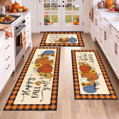 HEBE Fall Kitchen Rugs Sets of 3, Non Slip Buffalo Plaid Pumpkin Kitchen Rugs and Mats, Washable Kitchen Mats for Floor, Autumn Kitchen Runner Floor Carpet for Thanksgiving Holiday Decor