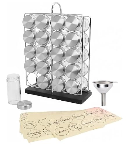 Orii 20 Jar Chrome Wire Spice Rack with Bamboo Base | Includes SS Funnel | 160 Preprinted + 20 Blank Spice Labels Included | Compact and Minimalistic Kitchen Pantry Spice Organizer Rack