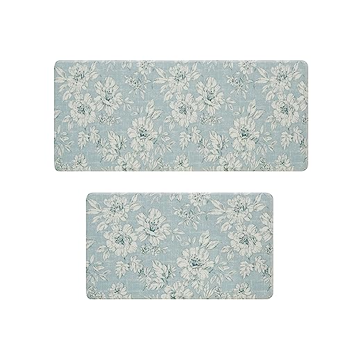 Laura Ashley - Anti-Fatigue Kitchen Mat, Iris Floral Design, Stain, Water & Fade Resistant, Cooking & Standing Relief, Non-Slip Backing, 2 Piece Set, Light Blue