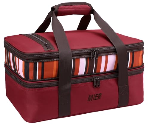 MIER Insulated Double Casserole Carrier Thermal Lunch Tote for Potluck Parties, Picnic, Beach, Fits 9 x 13 Inches Casserole Dish, Expandable by Mid Zipper, Burgundy