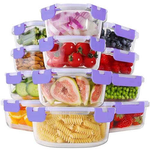 HOMBERKING 24pc Glass Food Storage Containers with Lids, Glass Meal Prep Containers, Airtight Glass Bento Boxes, BPA Free & Leak Proof, Pantry Kitchen Storage(12 lids & 12 Containers) - Purple
