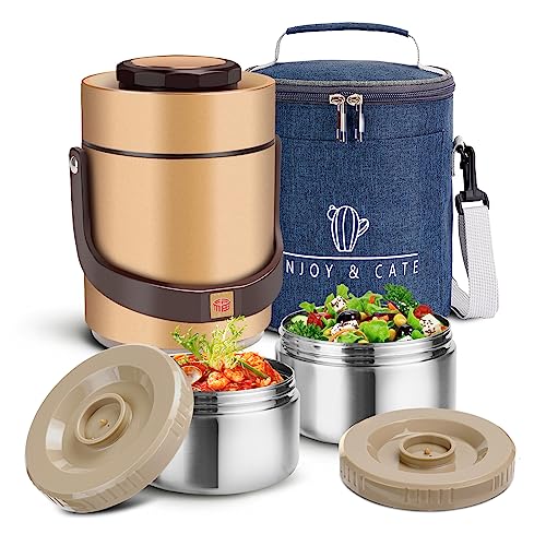 51 oz Adults Stainless Steel Vacuum Insulated Wide Mouth Soup Food Thermo Hot Food Jar with Keep Thermal Portable 2 Tier Stackable Bento Hot Food Containers Lunch Boxes (51 oz Gold)