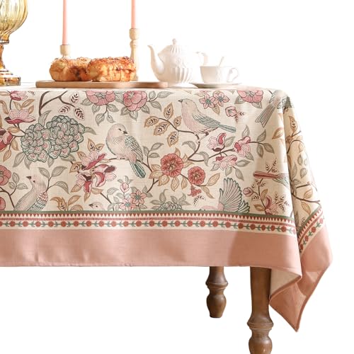 patdrea Designer Pink Linen Table Cloth for Sqaure Table,French Tablecloth with Birds Pattern,Small Colorful Decoration Cover for Kitchen Dining,Christmas,Party,Thanksgiving,67"x67"-Kulom a