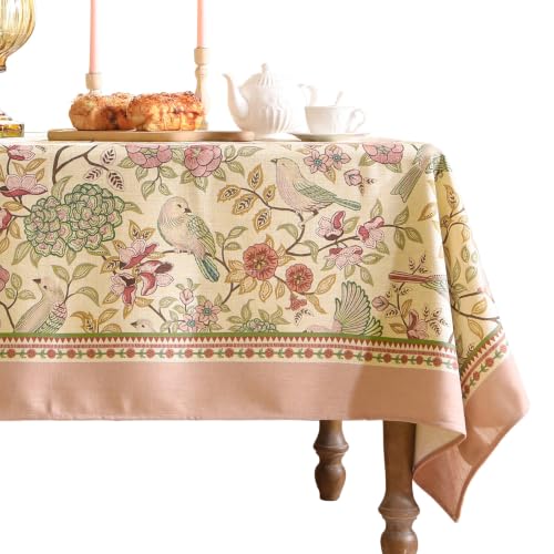 patdrea Designer Pink Linen Table Cloth for Rectangle Table,Vintage Floral with Birds Pattern Decorative Tablcloth,French Table Cover for Kitchen Dining,Thanksgiving,Christmas,63"x94"-Kulom a