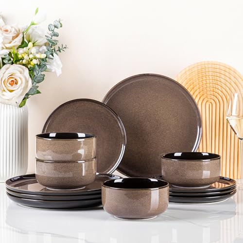 LeRATIO Ceramic Dinnerware Set of 4, Poreclain Plates, Bowls, Handmade Reactive Glaze Dishes, Chip Resistant, Oven & Dishwasher Safe, Service for 4-Chestnut