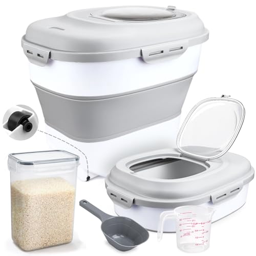 Rice Storage Bin Cereal Containers, 13-50lb Collapsible Rice Container Dispenser with Transparent Lid, Rolling Wheels, Measuring Cup and Scoop, Airtight Dog Cat Pet Food Storage Container White