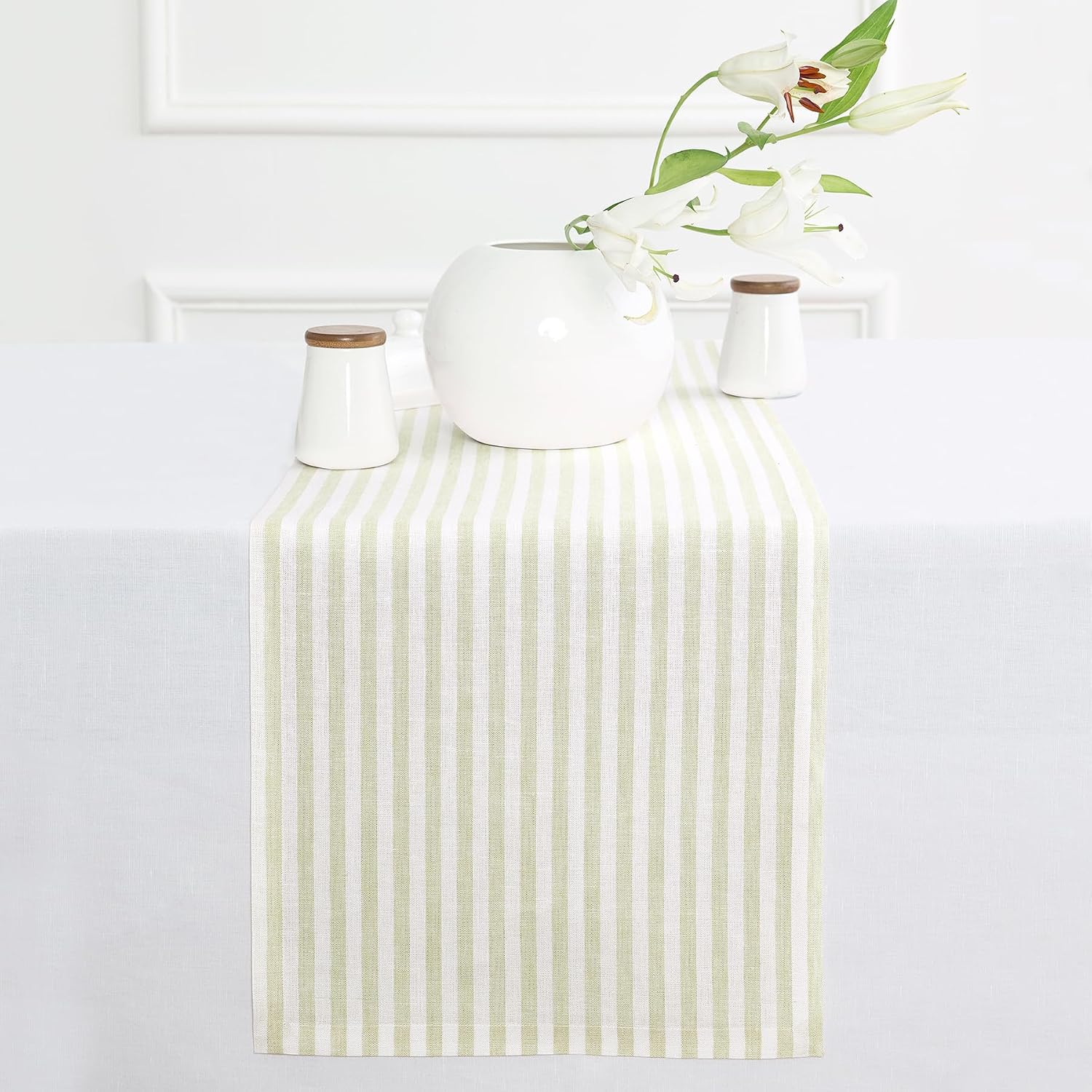Solino Home Striped Linen Table Runner 60 Inches (Sage)