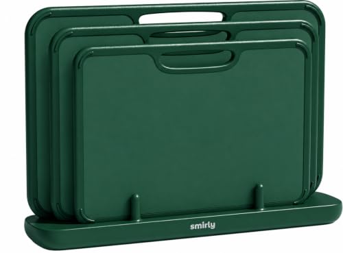 SMIRLY Plastic Cutting Board Set with Holder 3 Pieces, Non-Slip Dishwasher Safe Chopping Boards for Kitchen, Green