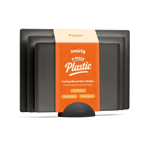 SMIRLY Plastic Cutting Board Set with Holder 3 Pieces, Non-Slip Dishwasher Safe Chopping Boards for Kitchen, Dark Grey