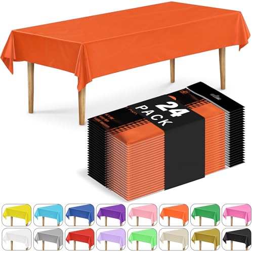 DecorRack 24 Pack Rectangular Tablecloths BPA-Free Plastic, 54 x 108 inch, Dining Table Cover Cloth for Parties, Picnic, Camping and Outdoor, Disposable or Reusable in Bright Orange (24 Pack)
