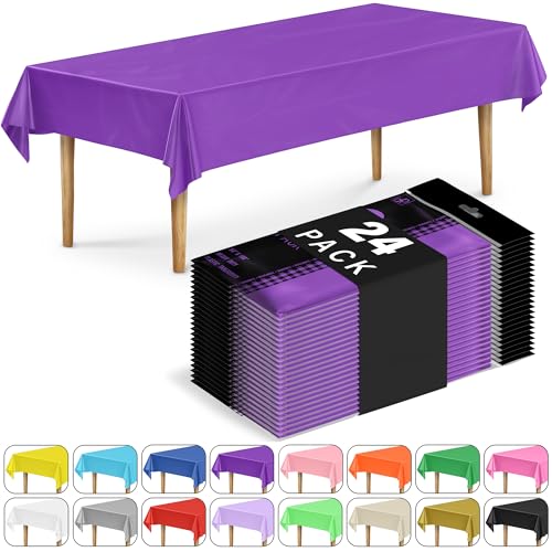 DecorRack 24 Pack Rectangular Tablecloths BPA-Free Plastic, 54 x 108 inch, Dining Table Cover Cloth for Parties, Picnic, Camping and Outdoor, Disposable or Reusable in Purple (24 Pack)