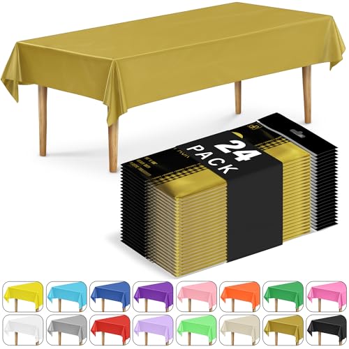 DecorRack 24 Pack Rectangular Tablecloths BPA-Free Plastic, 54 x 108 inch, Dining Table Cover Cloth for Parties, Picnic, Camping and Outdoor, Disposable or Reusable in Gold (24 Pack)