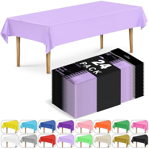 DecorRack 24 Pack Rectangular Tablecloths BPA-Free Plastic, 54 x 108 inch, Dining Table Cover Cloth for Parties, Picnic, Camping and Outdoor, Disposable or Reusable in Light Purple (24 Pack)