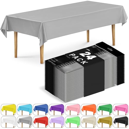DecorRack 24 Pack Rectangular Tablecloths BPA-Free Plastic, 54 x 108 inch, Dining Table Cover Cloth for Parties, Picnic, Camping and Outdoor, Disposable or Reusable in Silver (24 Pack)