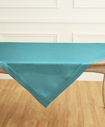 Solino Home Linen Square Tablecloth 52 x 52 Inch - 100% Pure Linen Teal Table Throw - Classic Hemstitch, Machine Washable Table Cloth for Fall, Autumn, Thanksgiving, Christmas