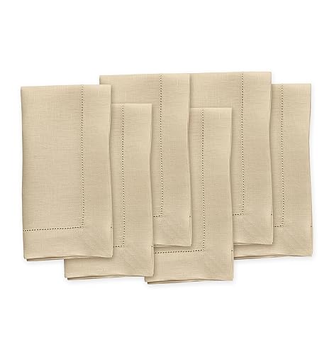 Solino Home Linen Cloth Napkins Set of 6-100% Pure Linen Beige Dinner Napkins 20 x 20 Inch for Fall, Autumn, Thanksgiving - Classic Hemstitch, Handcrafted and Machine Washable