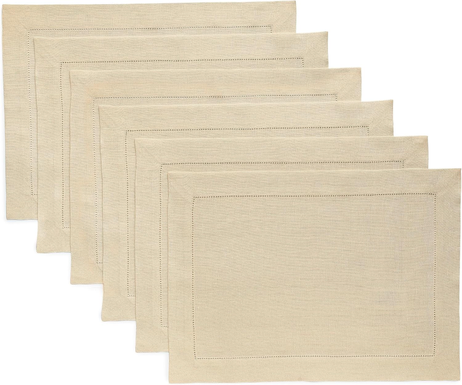 Solino Home Linen Cloth Placemats Set of 6-100% Pure Linen Hemstitch Beige Placemats 14 x 19 Inch - Classic Hemstitch Table Place Mats for Fall, Autumn, Thanksgiving