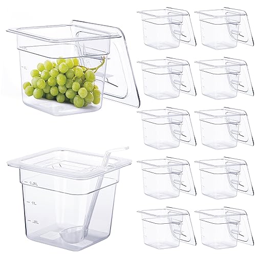 12 Pack Plastic Food Pan with Lids 1/6 Size 6'' Deep Restaurant Food Containers Stackable Clear Polycarbonate Commercial Hotel Pans with 1 Plastic Spoon for Fruits Vegetables