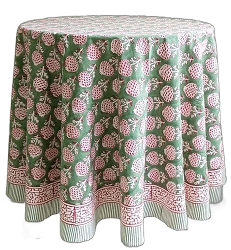 ATOSII Roma Green 100% Cotton Round Tablecloth, Handblock Print Floral Table Cloth for Kitchen Dining Linen I Parties, Weddings, Outdoors, Spring Summer Decor I 72" Inches Round