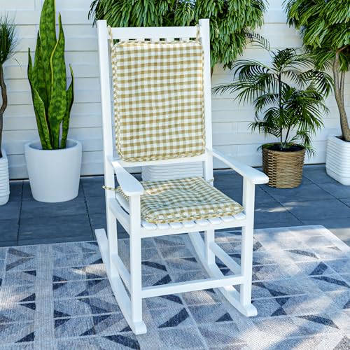 Klear Vu Porch Rocking Chair Cushion Set for Indoor and Outdoor Use, Assembled in The USA, Easy to Clean Stylish Seat and Back Pads with Fabric Ties, 20" x 17" x 2", Gingham Natural