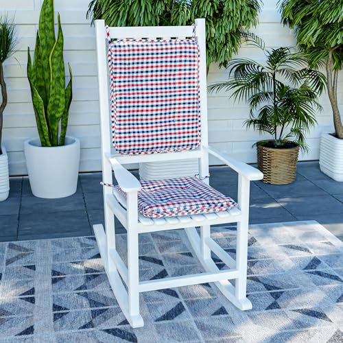 Klear Vu Porch Rocking Chair Cushion Set for Indoor and Outdoor Use, Assembled in The USA, Easy to Clean Stylish Seat and Back Pads with Fabric Ties, 20" x 17" x 2", Gingham Red, White and Blue
