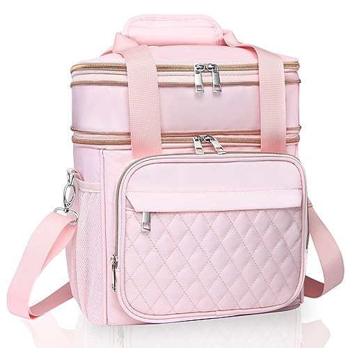 GLENKEY Expandable Lightweight Insulated Lunch Box for Women, Double Deck Large Lunch Bag Leakproof Soft Cooler Bags with Shoulder Strap for Adults Work Office Flight Beach Travel, Pink, 16L