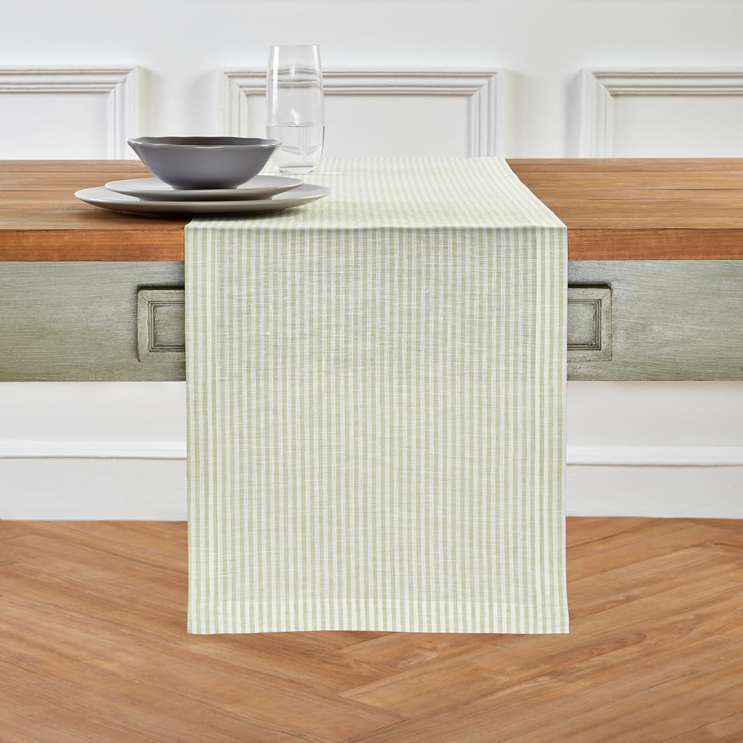 Solino Home Linen Table Runner 72 Inches Long - Narrow Stripe, 100% Pure Linen Sage and White Table Runner 14 x 72 Inch for Dining, Dresser, Fall, Autumn, Halloween, Thanksgiving, Christmas