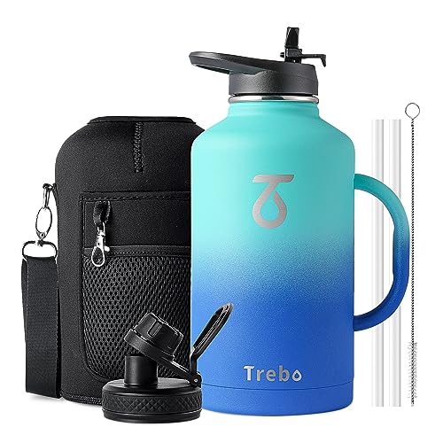 Trebo Half Gallon Water Bottle Insulated with Handle, 64 oz Double Wall Stainless Steel Metal Large Jug, Travel Flask with Straw Spout Lid, Mug Tumbler Cup with Carry Pouch, Keep Cold Hot, Blue