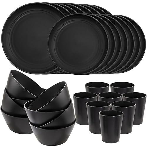 LIYH 48 Pcs Black Wheat Straw Plates and Bowls Dinnerware Set Camping Dish Set for 12,Plastic Plates and Bowls,Dishwasher Safe Dinnerware Set,Unbreakable Plastic Camper Dish Sets