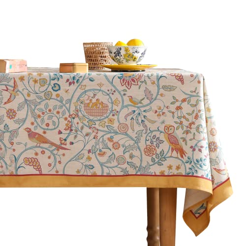 patdrea Designer Vintage French Rectangular Tablecloth,Floral Birds Pattern Linen Table Cloth,Fall Yellow Decor Table Cover for Kitchen Dining Banquet,Christmas,Thanksgiving,63"x87"-Magnolia