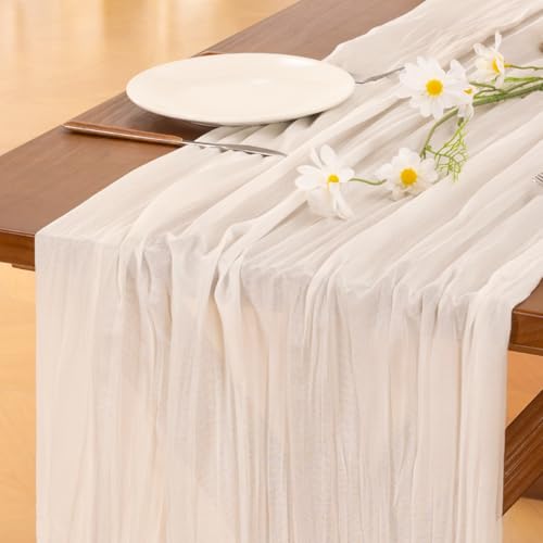 Socomi 10pcs Ivory White Cheesecloth Table Runner Boho Rustic Gauze 120 inch 10FT Cheese Cloth Runner for Wedding Party Baby Shower Birthday Home Decor Holiday Decorations