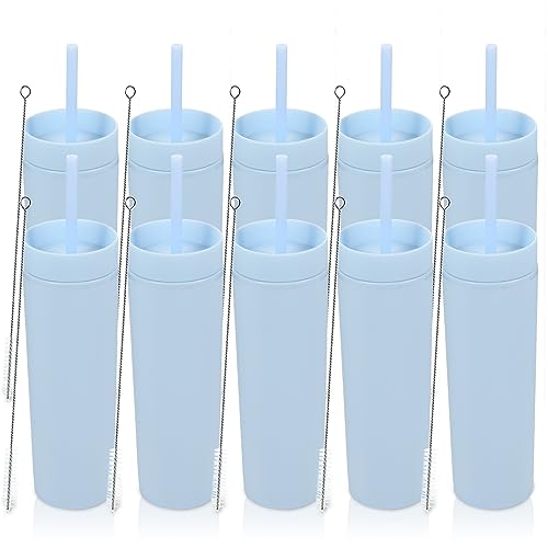 Volhoply 16oz Plastic Skinny Tumbler with Lid and Straw Bulk 10 Pack,Insulated Double Wall BPA Free Matte Acrylic Tumblers,Iced Coffee Travel Mug Reusable Party Cup,Customizable Diy Gifts(Blue,10 Set)