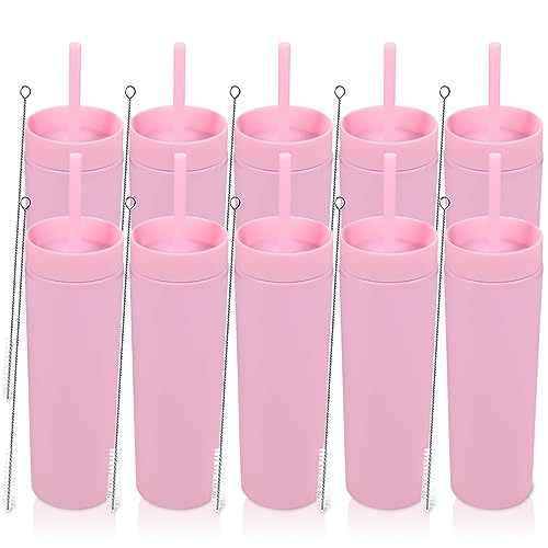Volhoply 16oz Plastic Skinny Tumbler With Lid and Straw Bulk 10 Pack,Insulated Double Wall BPA Free Matte Acrylic Tumblers,Iced Coffee Travel Mug Reusable Party Cup,Customizable Diy Gifts(Pink,10 Set)