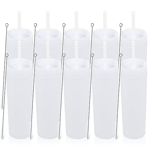 Volhoply 16oz Plastic Skinny Tumbler with Lid and Straw Bulk 10 Pack,Insulated Double Wall BPA Free Matte Acrylic Tumblers,Iced Coffee Travel Reusable Party Cup,Customizable Diy Gifts(White,10 Set)