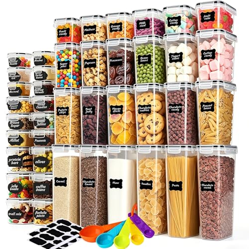 stusgo 42 Pack Airtight Food Storage Containers with Lids, Plastic Kitchen and Organization Canisters for Cereal, Flour and Sugar, Includes Spoons, Labels and a Pen
