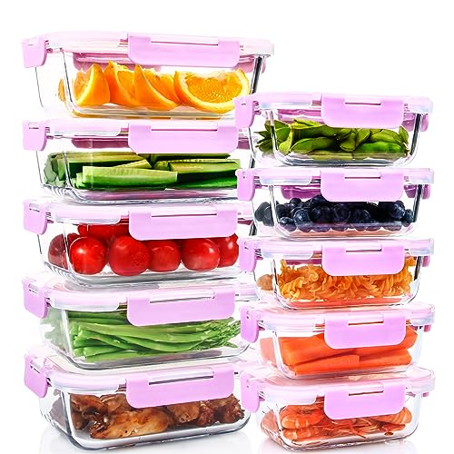 UMEIED 10 Pack Glass Food Storage Containers with Lids, Leakproof Airtight Glass Meal Prep Containers For Lunch, On The Go, Leftover, Dishwasher Safe