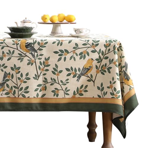 patdrea Designer Vintage French Small Rectangle Table Cloth,Green Linen Yellow Birds and Leaves Pattern Tablecloth,Decor Table Cover Kitchen Dining Christmas,Banquet,Thanksgiving,55"x71"-Warbler