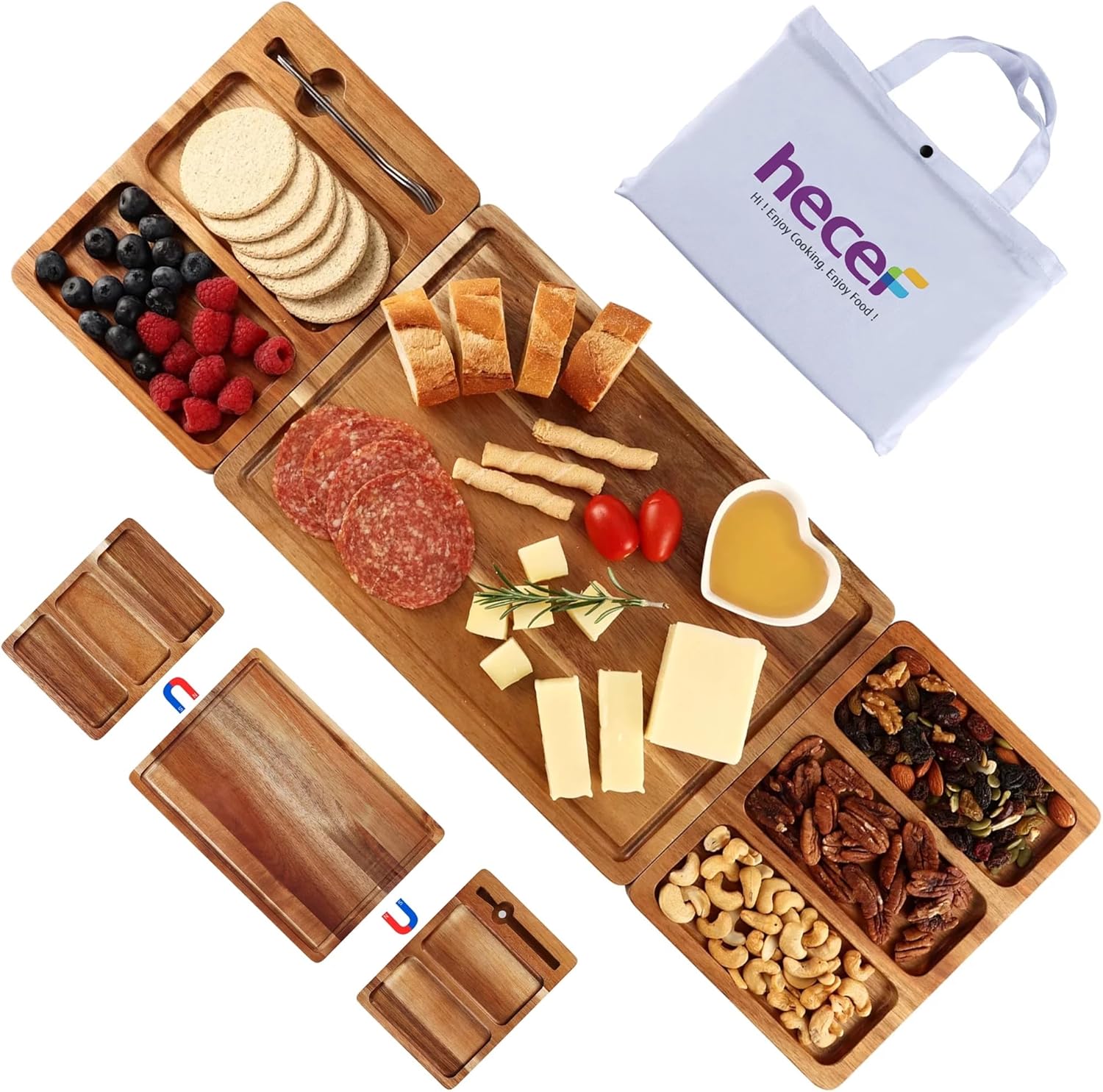 hecef Extra Large Charcuterie Board Set, 3-in-1 Magnetic Acacia Wood Cheese Platter with Storage Bag, Outdoor Picnic Serving Tray for Housewarming, Wedding, Anniversary, Birthday