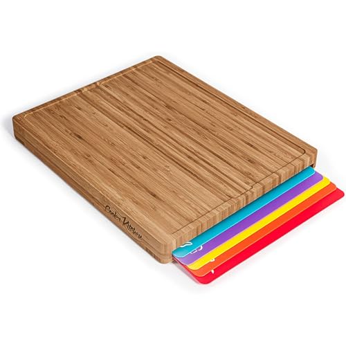 Bamboo Wood Cutting Board Set, Bamboo with 6 Color Coded Flexible Plastic Chopping Mats with Food Icons, Wooden Cutting Boards for Kitchen, Wooden Chopping Board Set Non Toxic Dishwasher Safe
