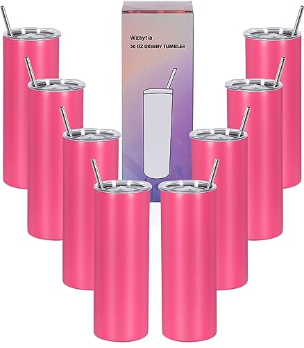 8 Pack 20 Oz Straight Skinny Tumblers,Individually Gift Boxed Stainless Steel Slim Skinny Tumbler Set Bulk, 20 Oz Insulated Slim Thin Travel Tumbler Cup for Diy,Hot Pink