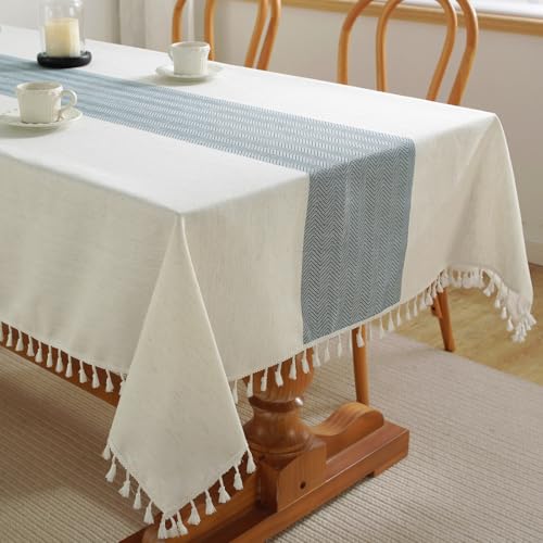 Alsoo Tablecloth for Dining Table Rustic Farmhouse Kitchen Wrinkle Free Table Cloths Coffee Table Cover, Cotton Linen Fabric Rectangle Tablecloth, Beige, Blue Stripe, 55x120 Inches