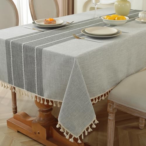 Alsoo Waterproof Rectangle Tablecloth Rustic Table Cloth Cotton Linen Wrinkle Free Tablecloths for Kitchen Dining, Party, Holiday, Christmas, Grey Lines, 10-12 Seats/55"x120"