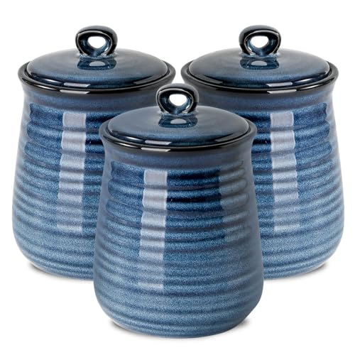 HASENSE Kitchen Canisters Set with Airtight Lid for Countertop, 25 Ounce Ceramic Vintage Food Storage Jars Containers Set of 3 with Cover for Coffee, Sugar, Tea, Spice, Candy and Nut, Navy