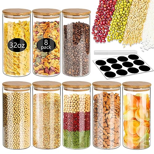 SLifeJars-32 oz Glass Jars with Bamboo Lids 8 pcs Glass Food Storage Containers with Airtight Bamboo Lids, Glass Canisters Stackable Kitchen Pantry bamboo lid for Coffee Beans, Rice, Sugar and More