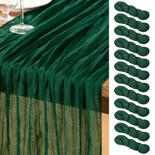 Emerald Green Cheesecloth Table Runner 12 Pack Fall Table Runners Boho Gauze 120 Inches Green Cheese Cloth Fall Table Decorations for Thanksgiving Wedding Bridal Baby Shower Tea Party